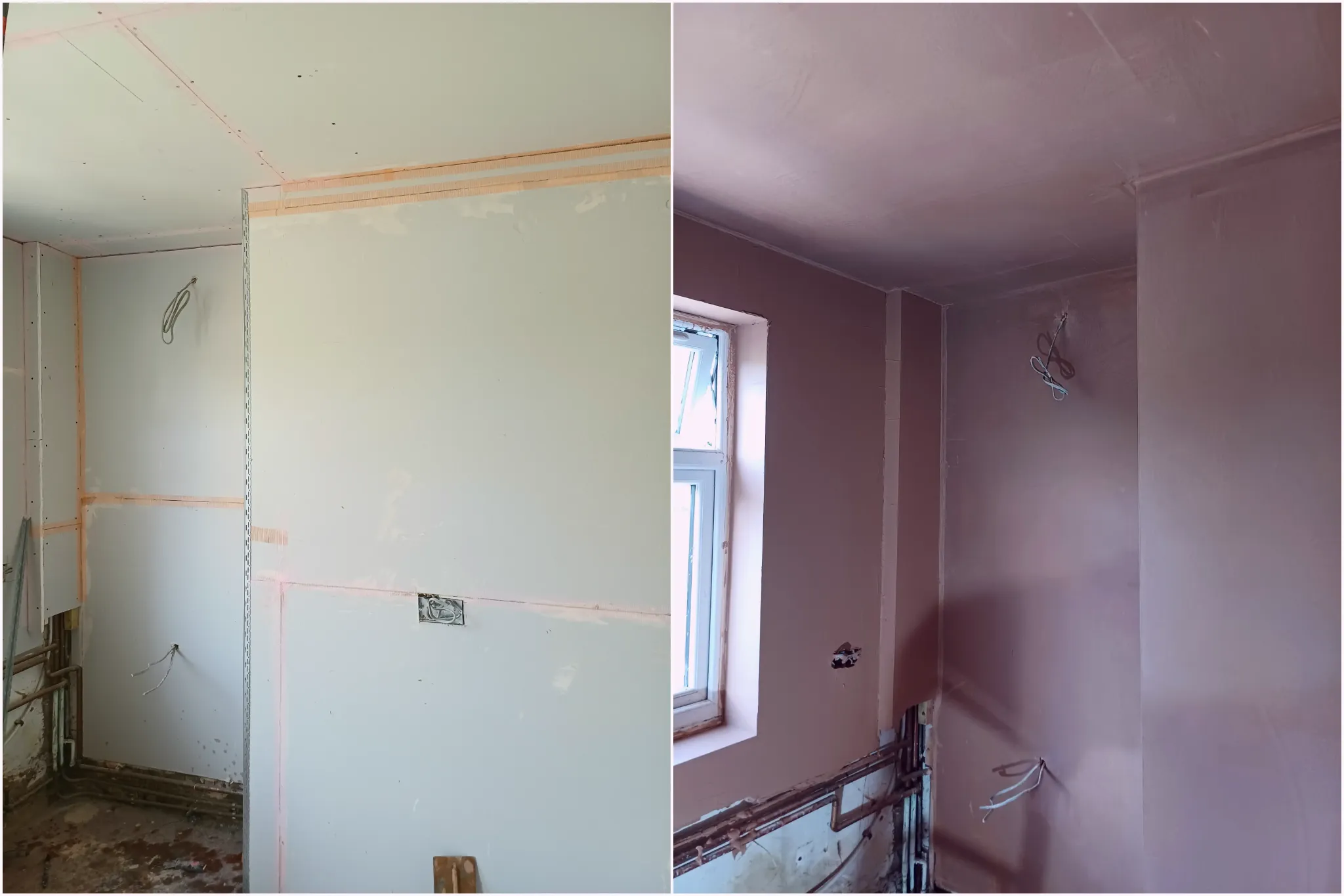 Side-by-side views of a wall corner before and after plastering