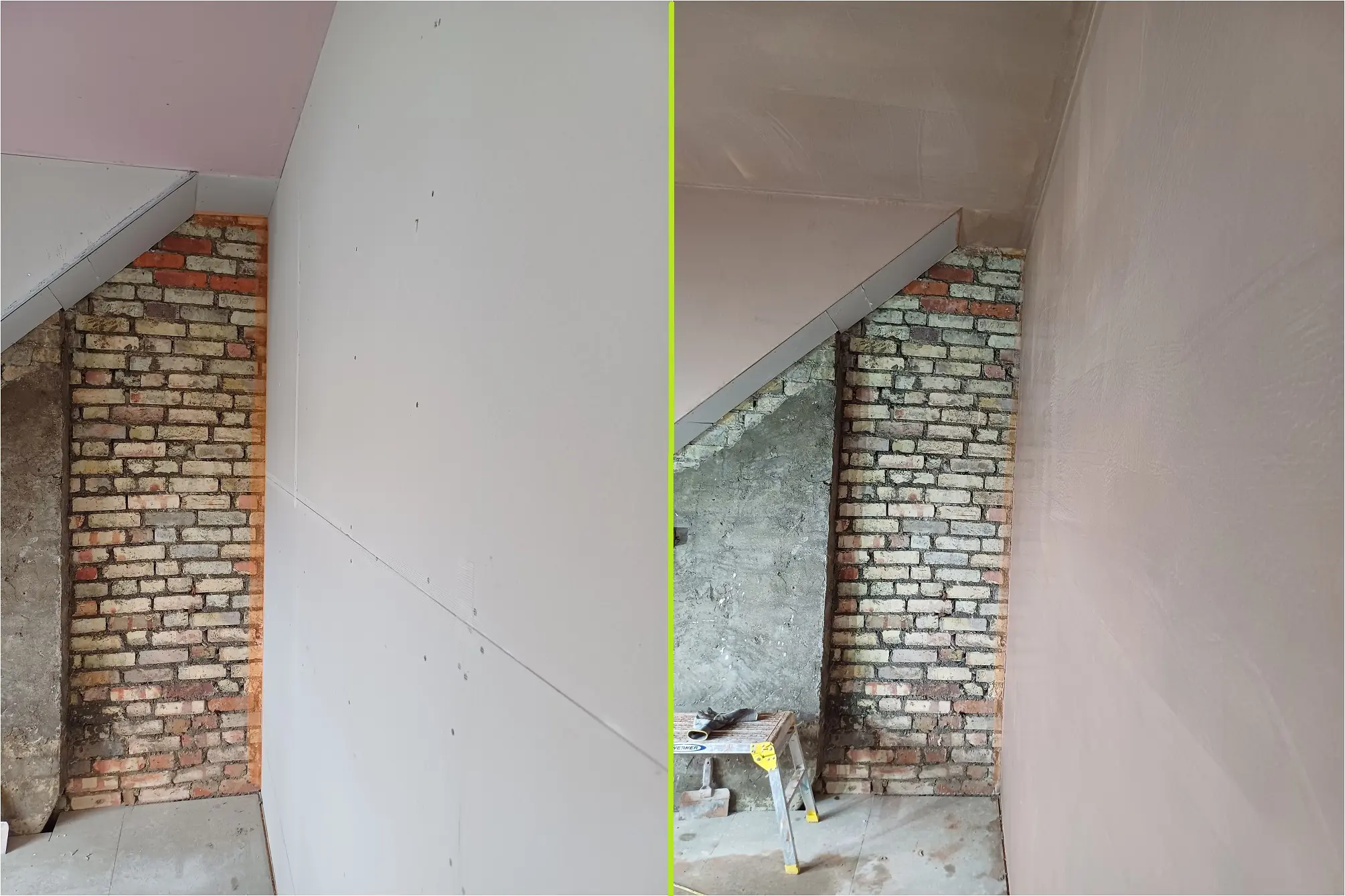 Before and after views of an exposed brick wall and a plastered finish