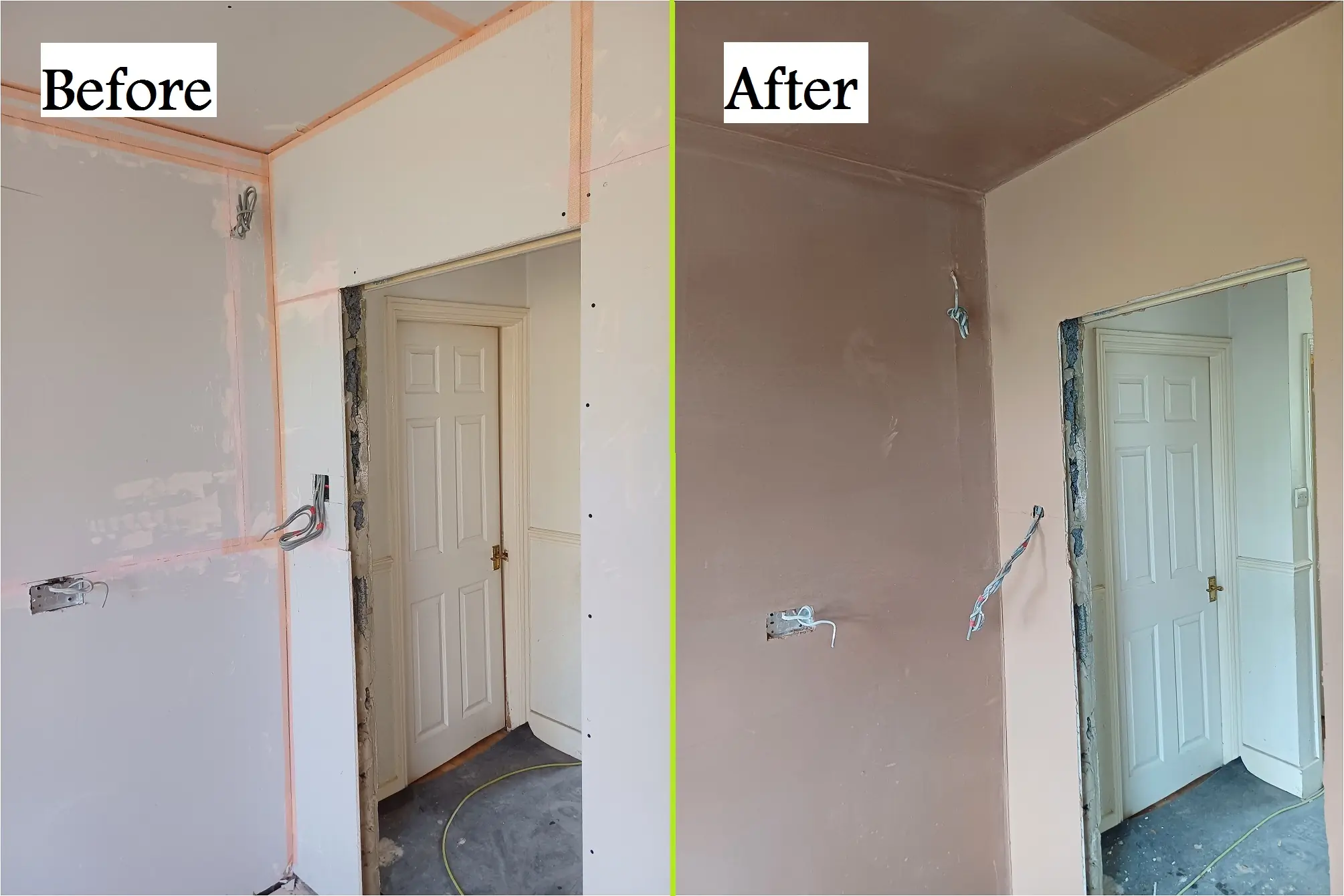 Side-by-side before and after views of skimming around an interior doorway