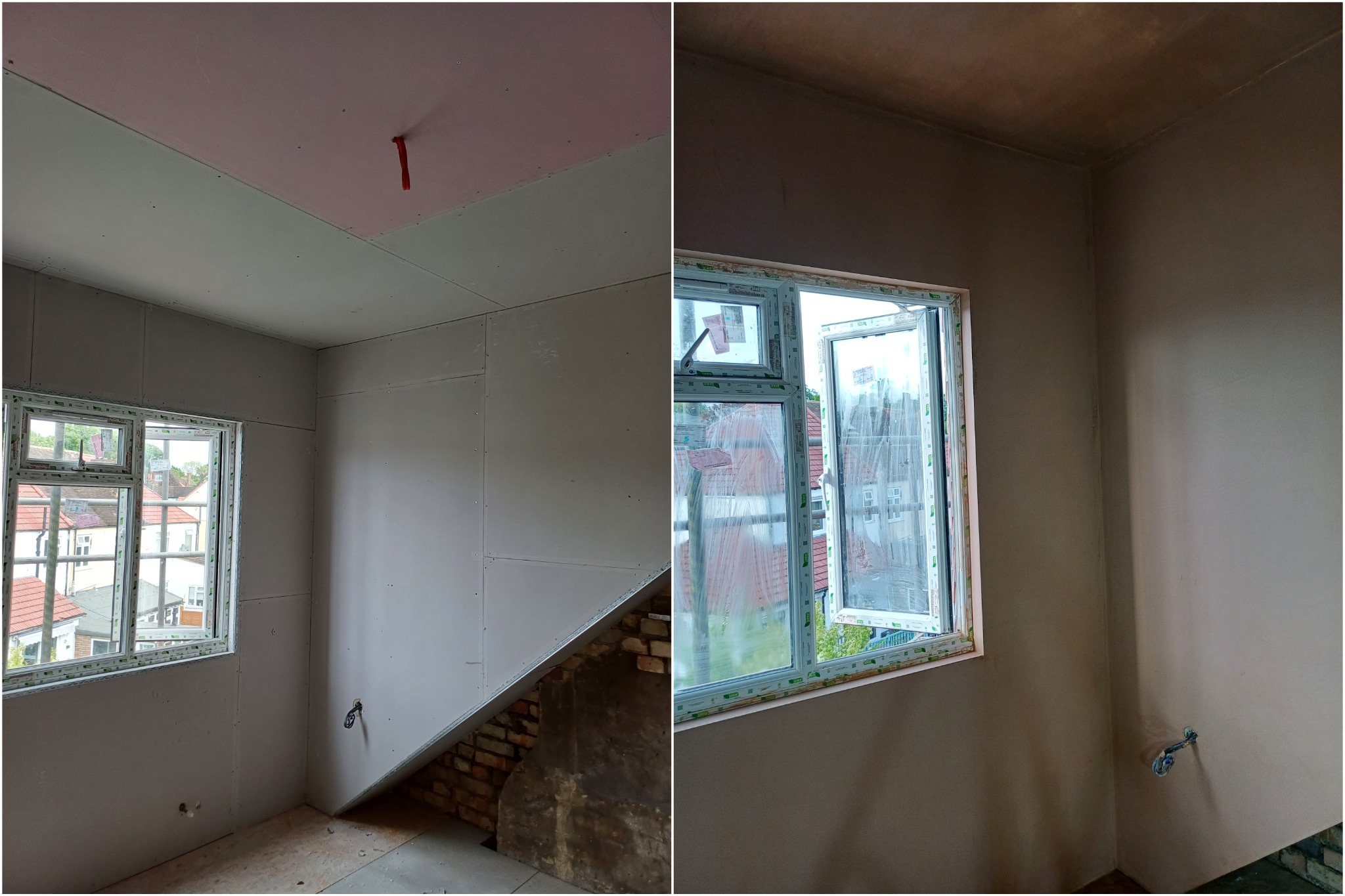 Two views comparing an unfinished interior room with its plastered walls