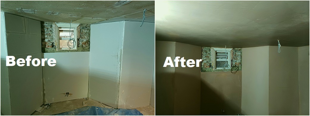 Side-by-side before and after views of a skimmed interior room