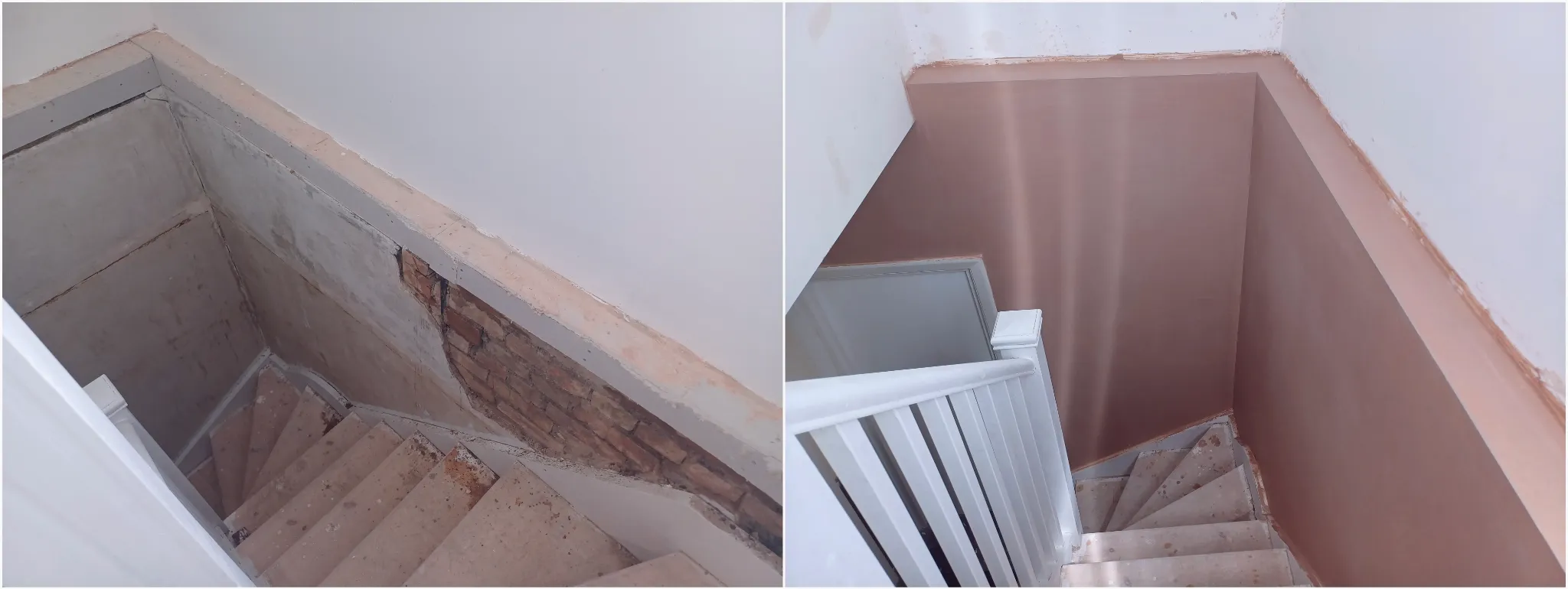 Before and after views of a stairwell wall after plastering