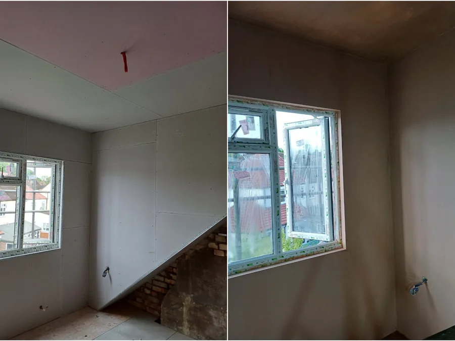 Side-by-side photographs showing the room before and after plastering.